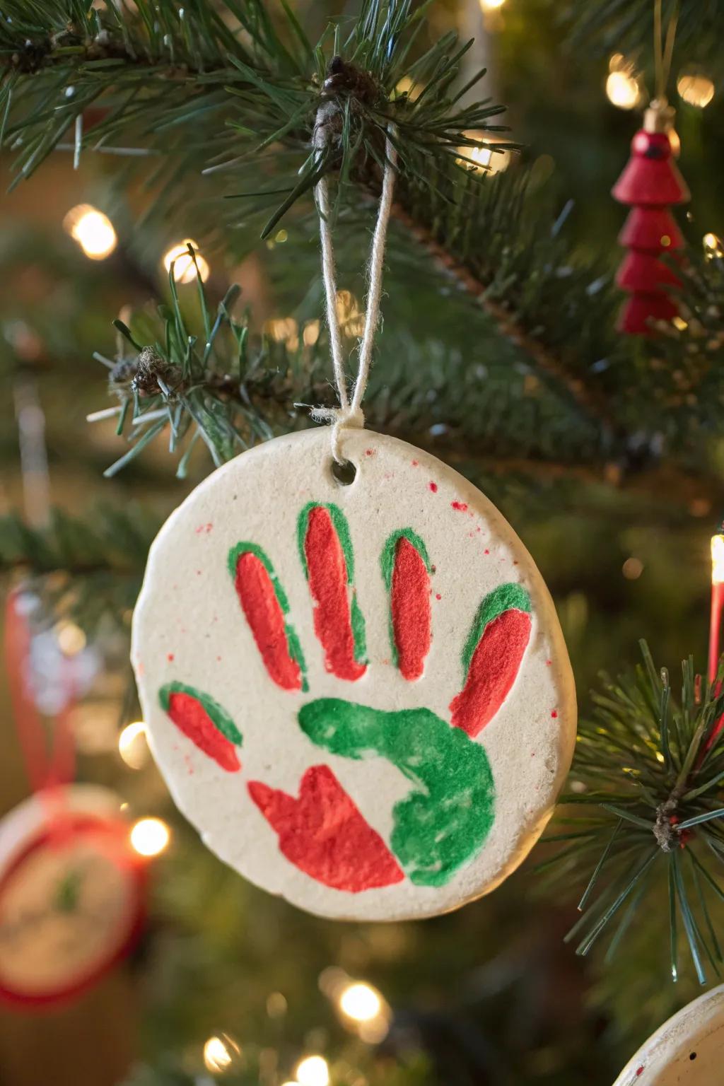 A personal holiday accent featuring a painted salt dough handprint ornament.