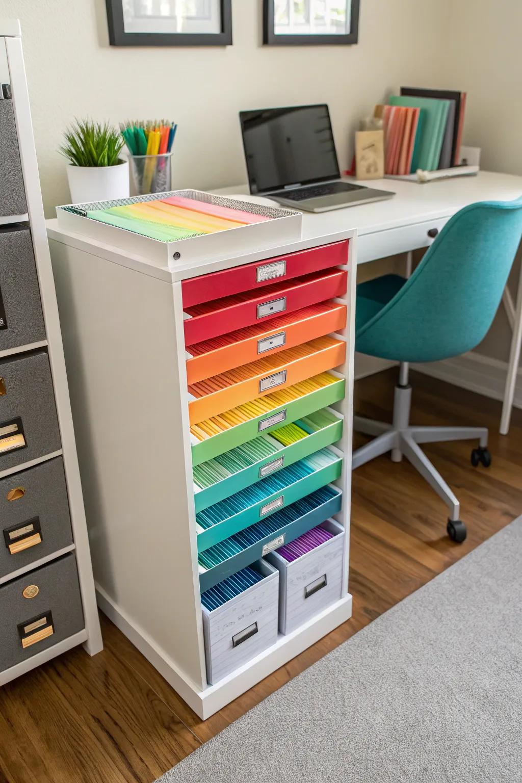 A multi-drawer unit that enables you to keep paper sorted by type and hue.