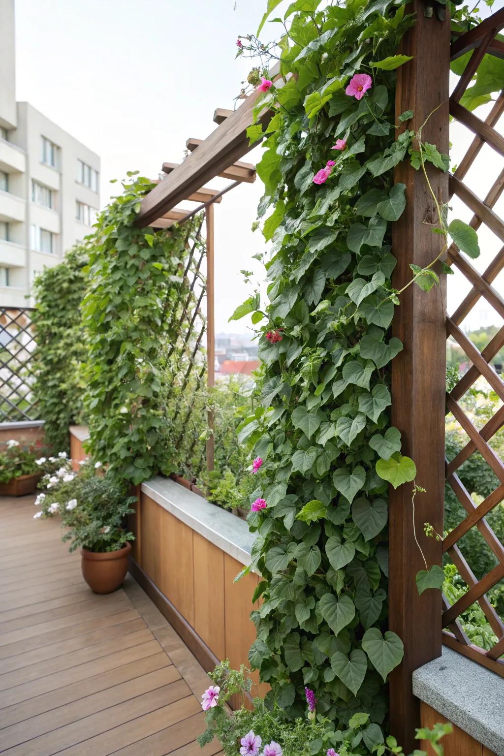 Design a vibrant vertical garden to improve privacy in constrained spaces.