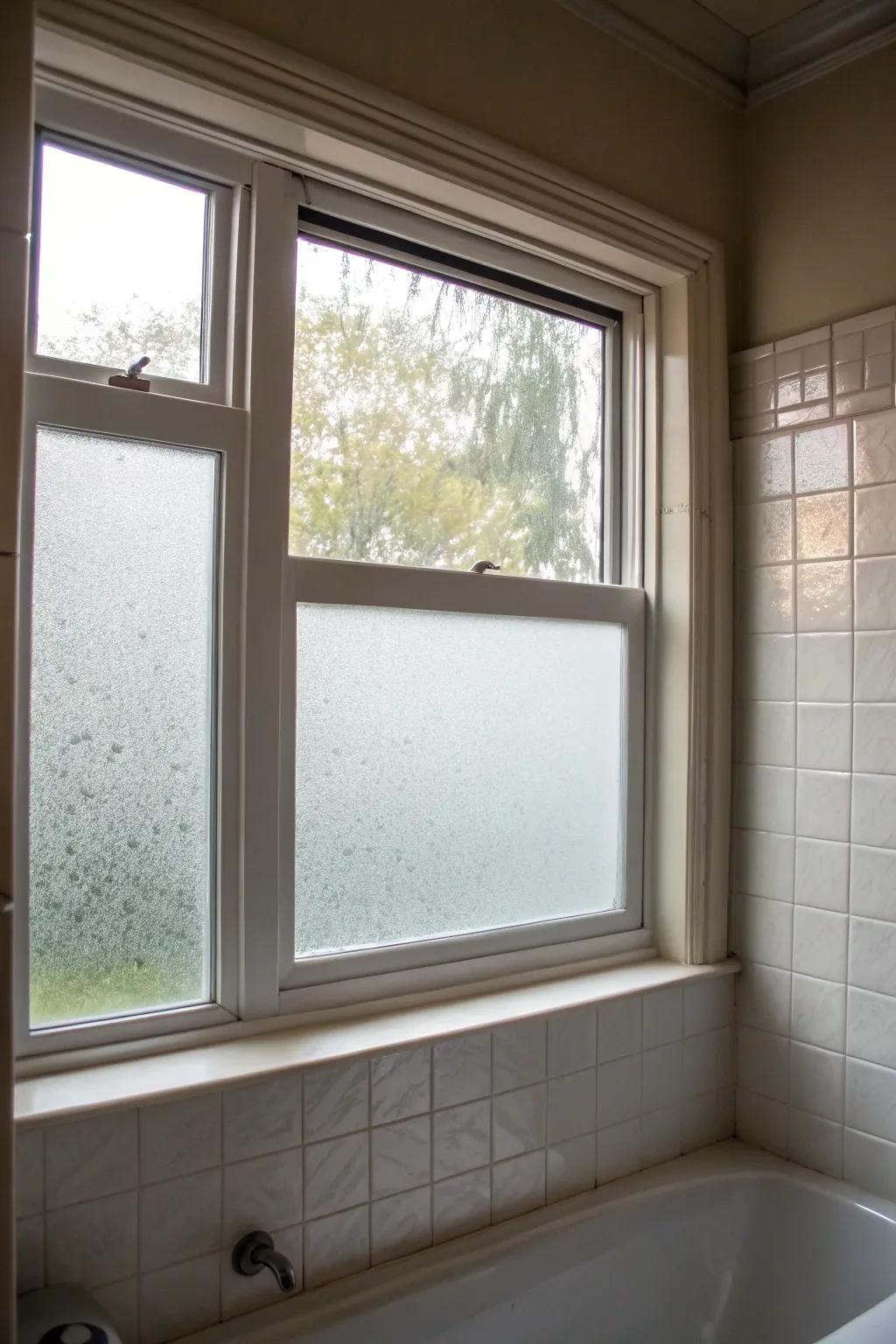 Delicate frosted window appliqué enhancing bathroom privacy.