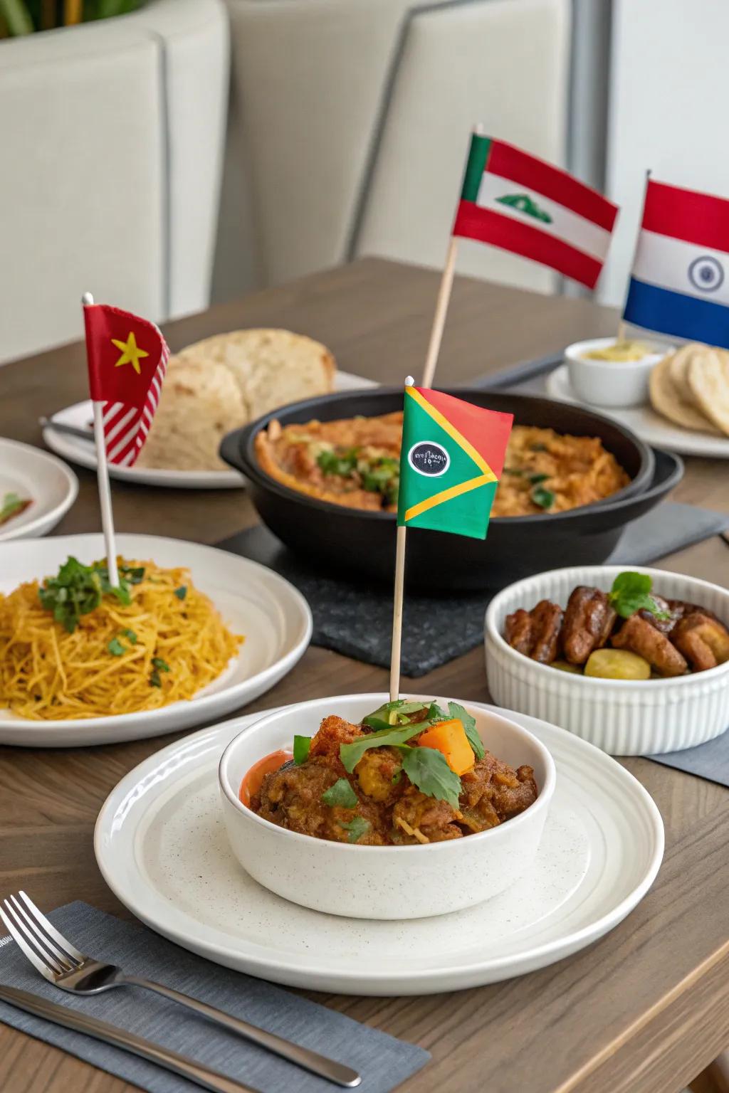 An elegant table setting with international dishes, decorated with small flags from various countries.
