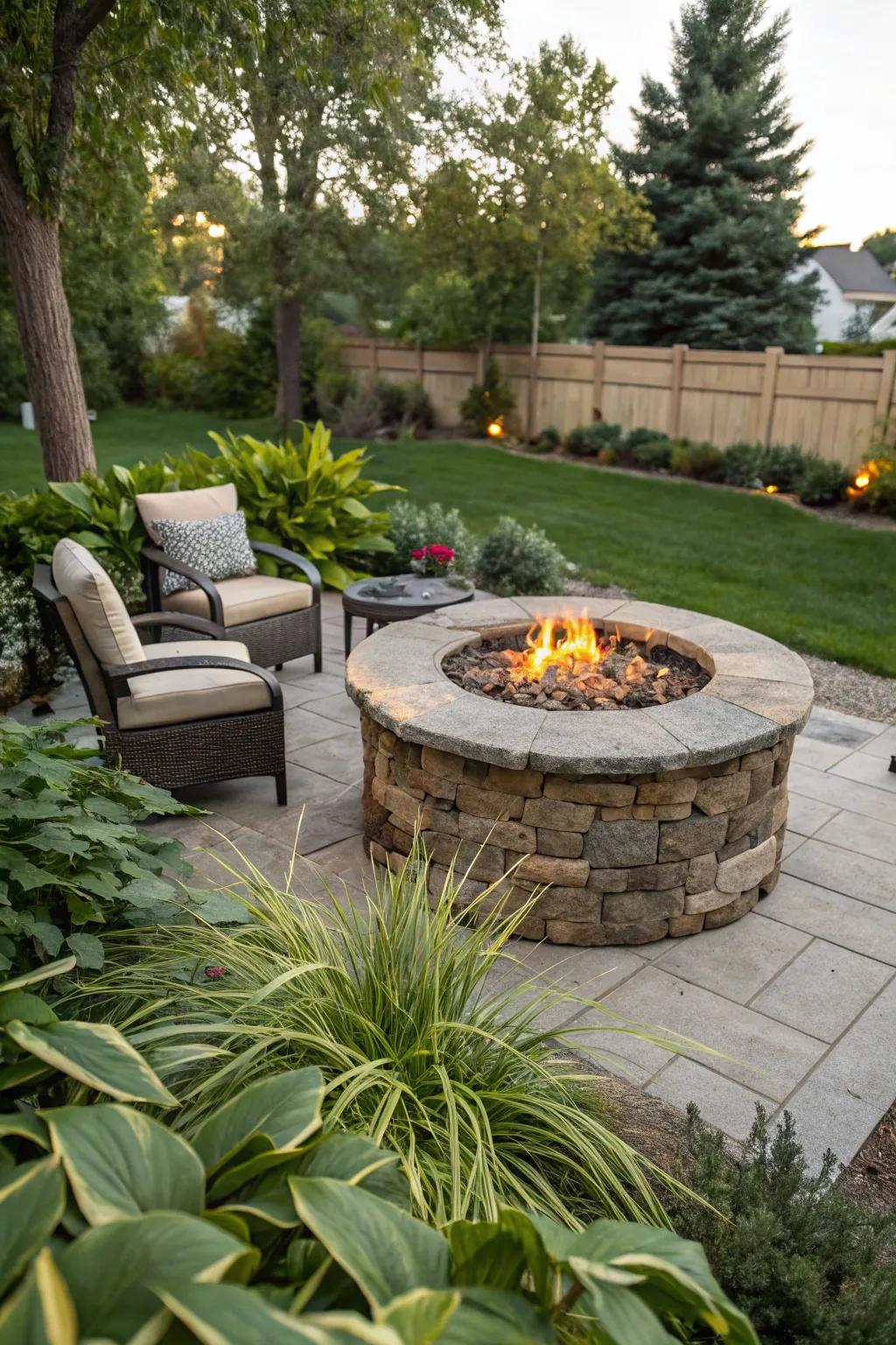 A round stone propane fire pit provides an inviting centerpiece for outdoor gatherings.