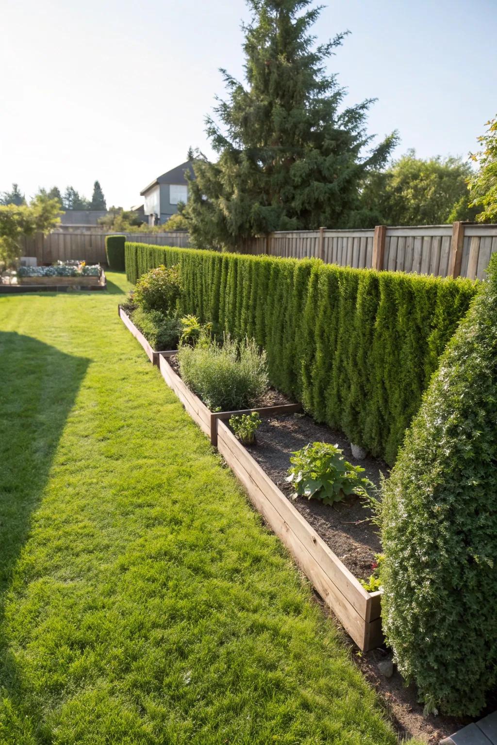 A meticulously kept hedge functioning as a natural division for the land.