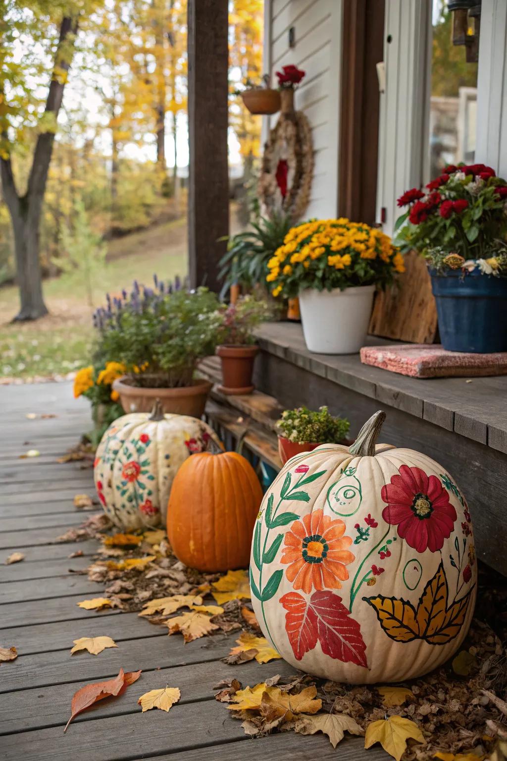 Pumpkins adorned with vivid floral artistry.