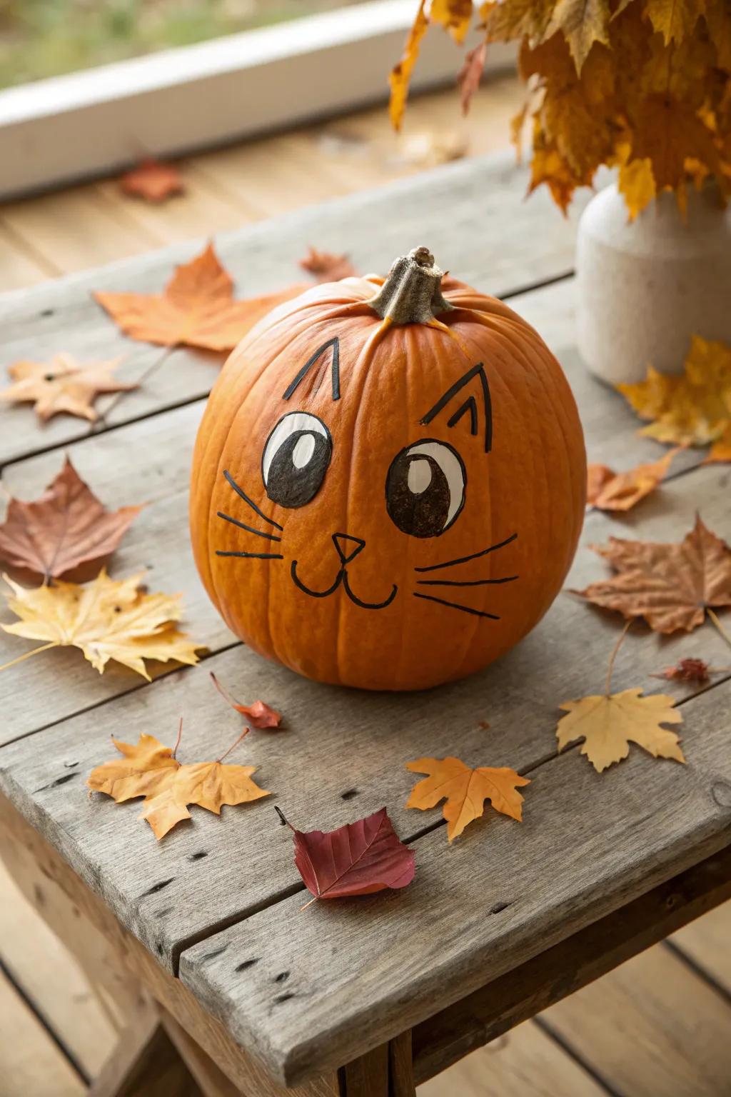 A pumpkin carved into a delightful cat face, an excellent choice for feline enthusiasts.
