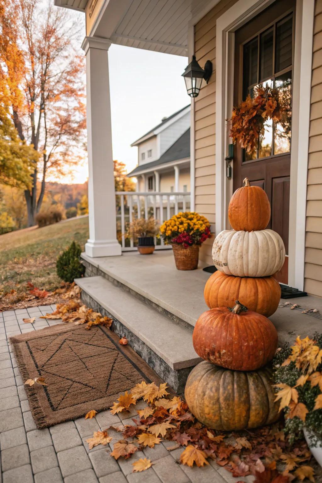 A welcoming stack of pumpkins on the front porch, creating an inviting entrance.
