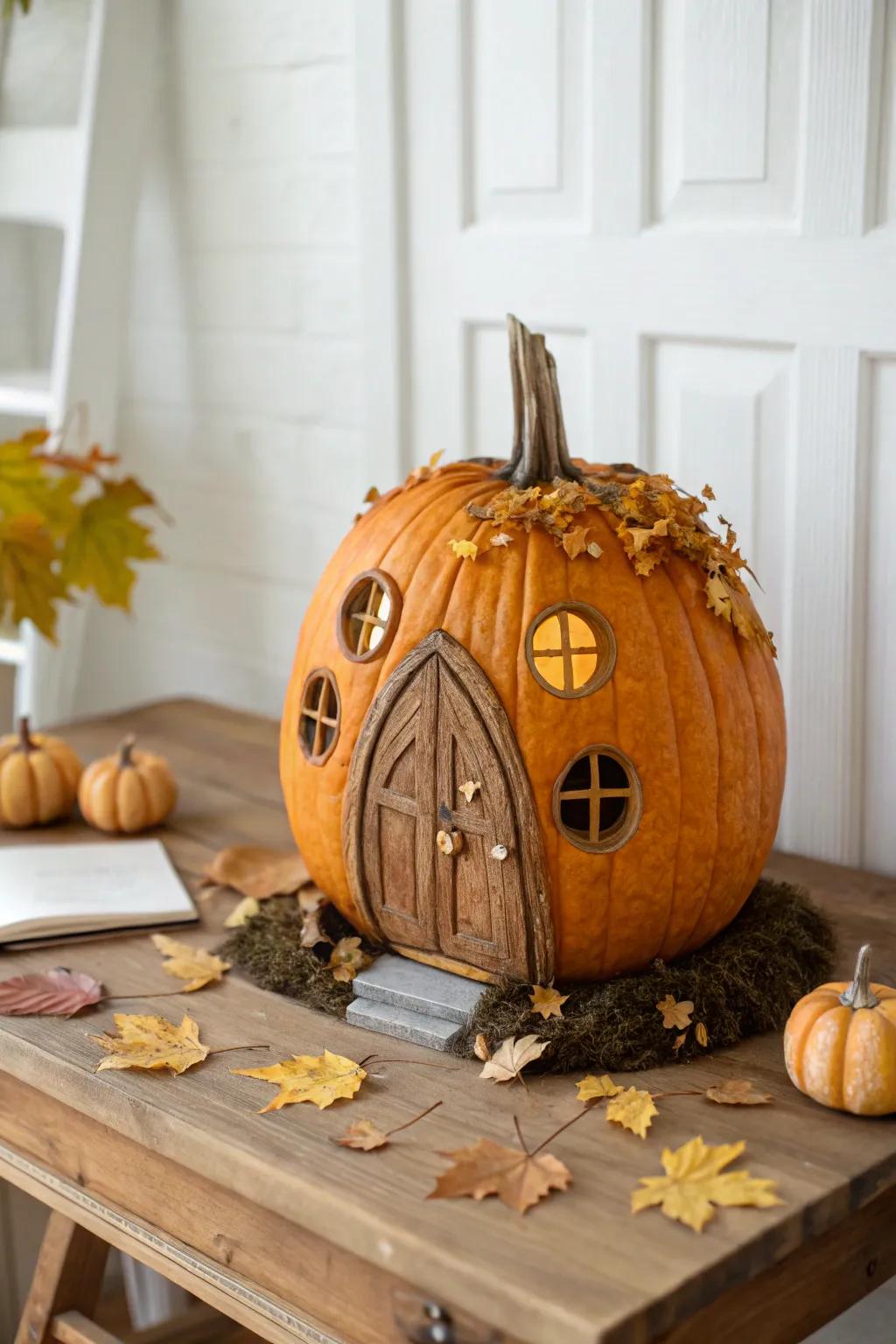 Embrace the charm of autumn with a timeless pumpkin fairy dwelling, where simplicity harmonizes with captivating artisanship.