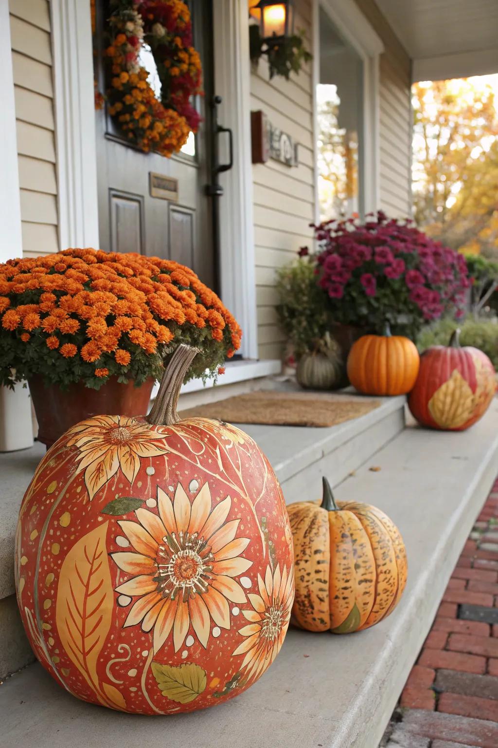 Painted floral pumpkins bring a burst of color to any autumn porch.