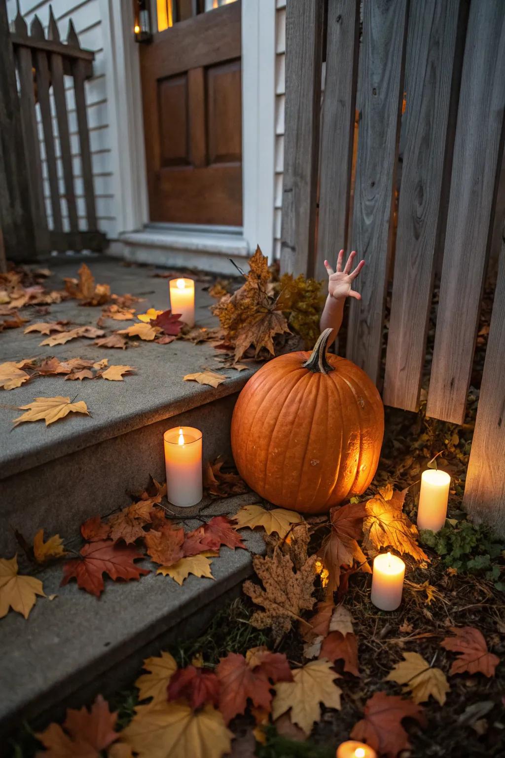 A spirited yet chilling infant doll-themed pumpkin embellishment.