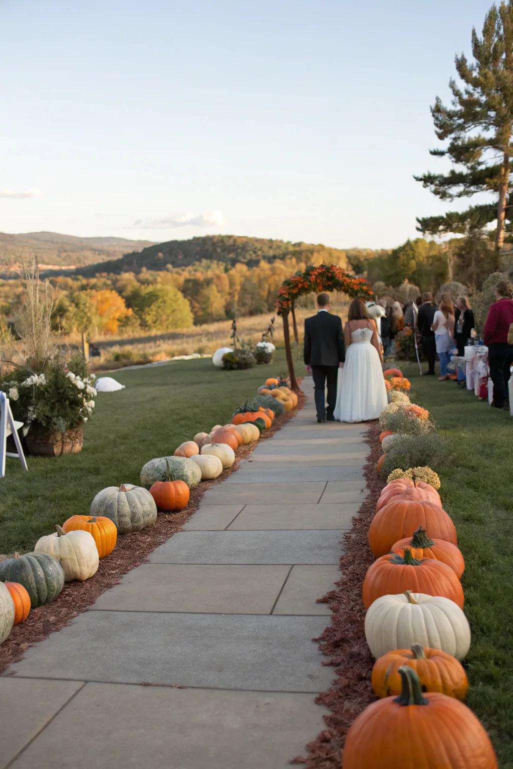 A delightful path lined with gourds leading to a wedding ceremony.