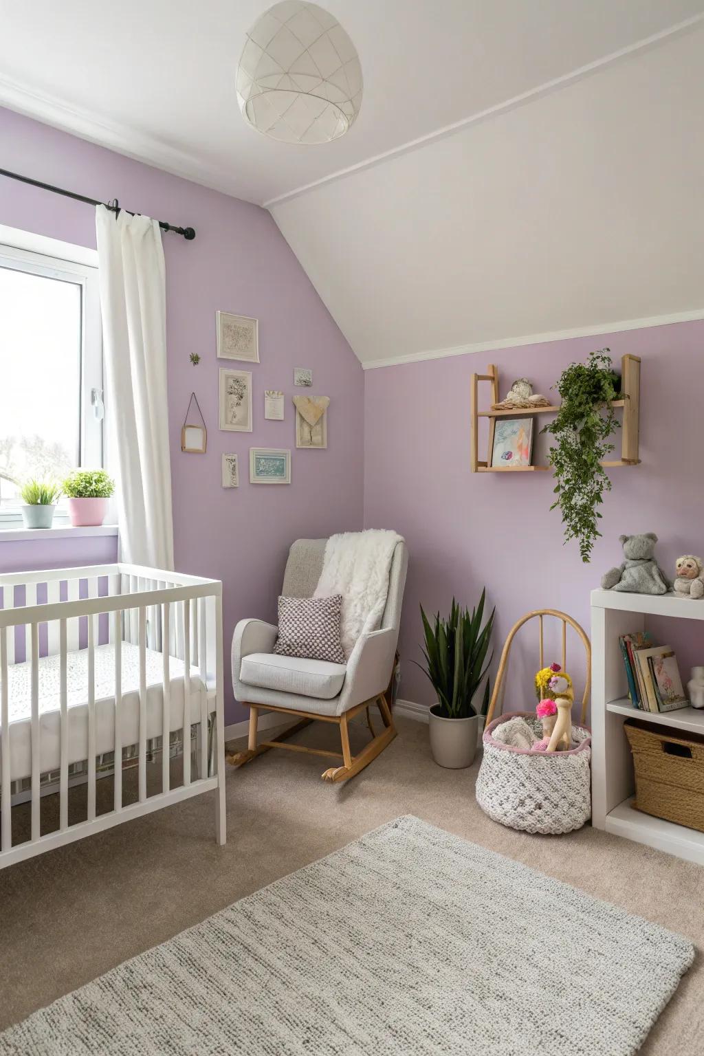 Lavender walls establish a soothing and peaceful ambiance.