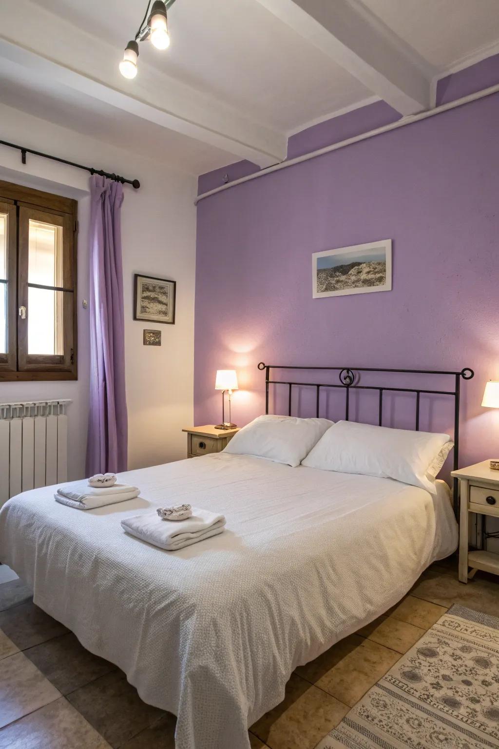 A tranquil bedroom showcasing lavender walls and immaculate white bedding.