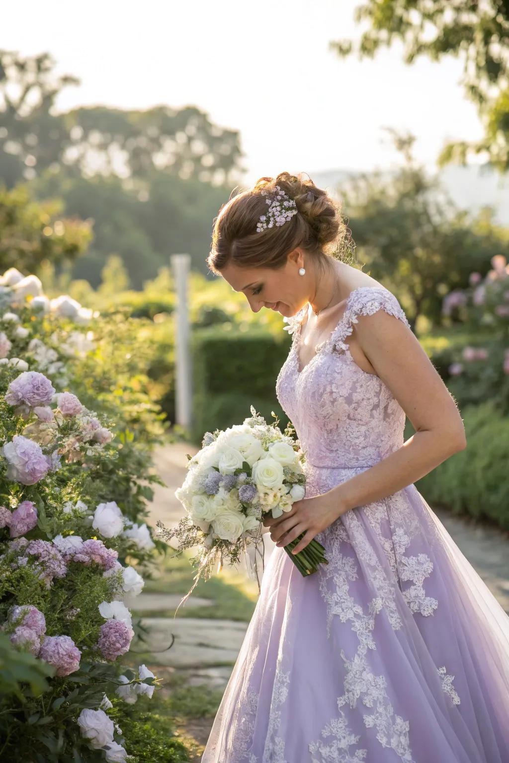 A bride in a beautiful lavender gown adds a touch of magic to her wedding.