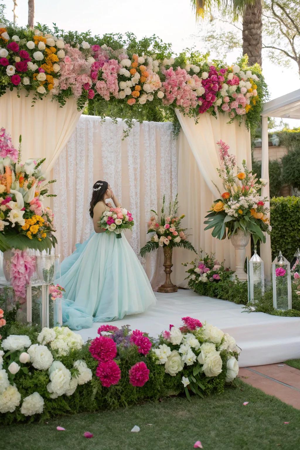 A backdrop filled with flowers can turn any place into an enchanted garden.