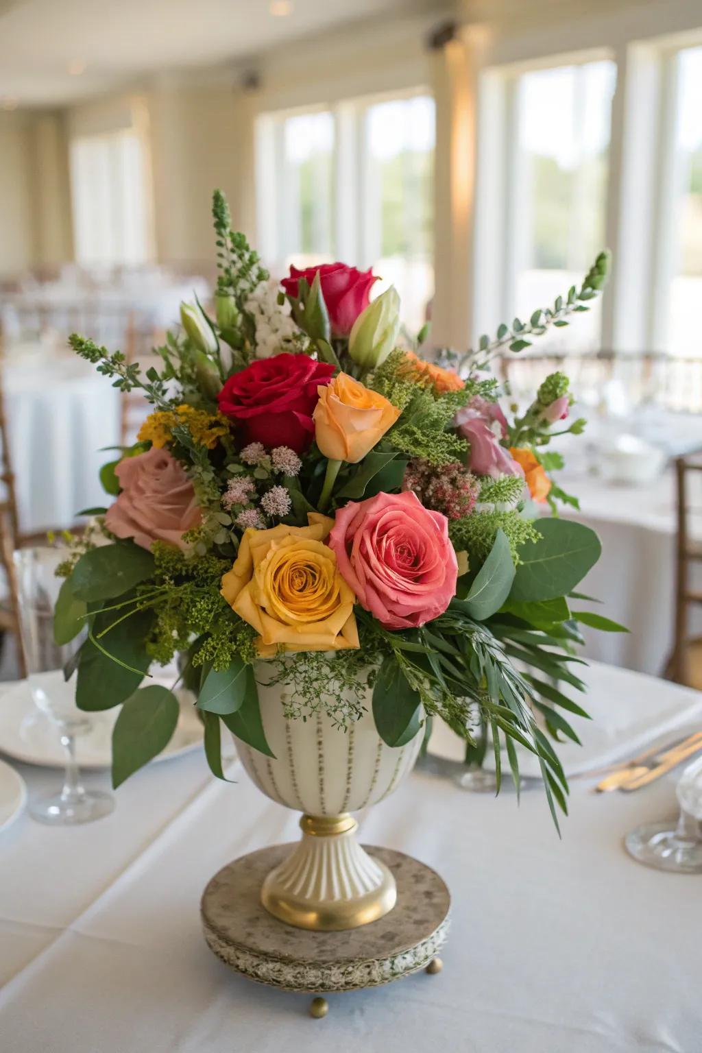 Refined flower displays of roses and mixed blossoms fashion a timeless aesthetic.