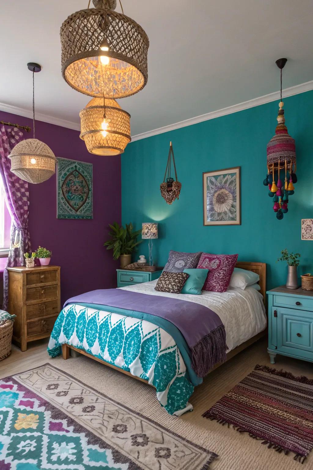 A daring boudoir showcasing an innovative sea green and violet color scheme.