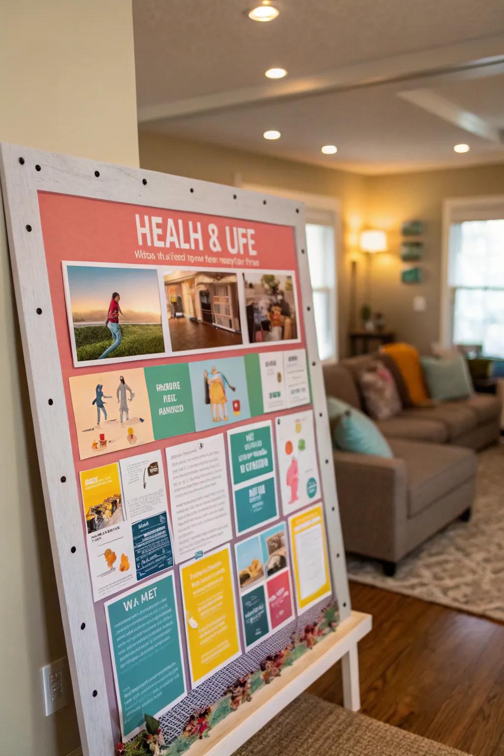 A vibrant bulletin board that uplifts viewers with lively health and wellness visuals.