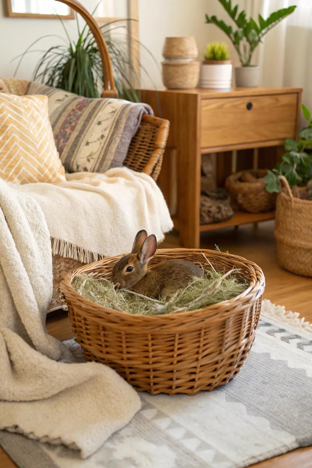 A wicker basket overflowing with rabbit hay, infusing a touch of countryside appeal.