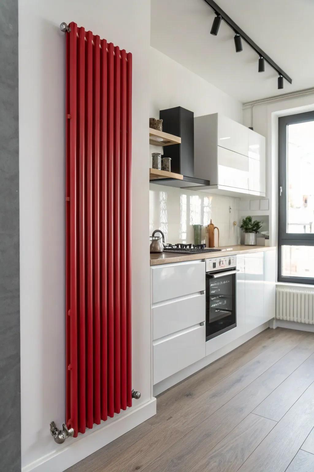 A vibrant scarlet radiator injects passion into a neutral kitchen.