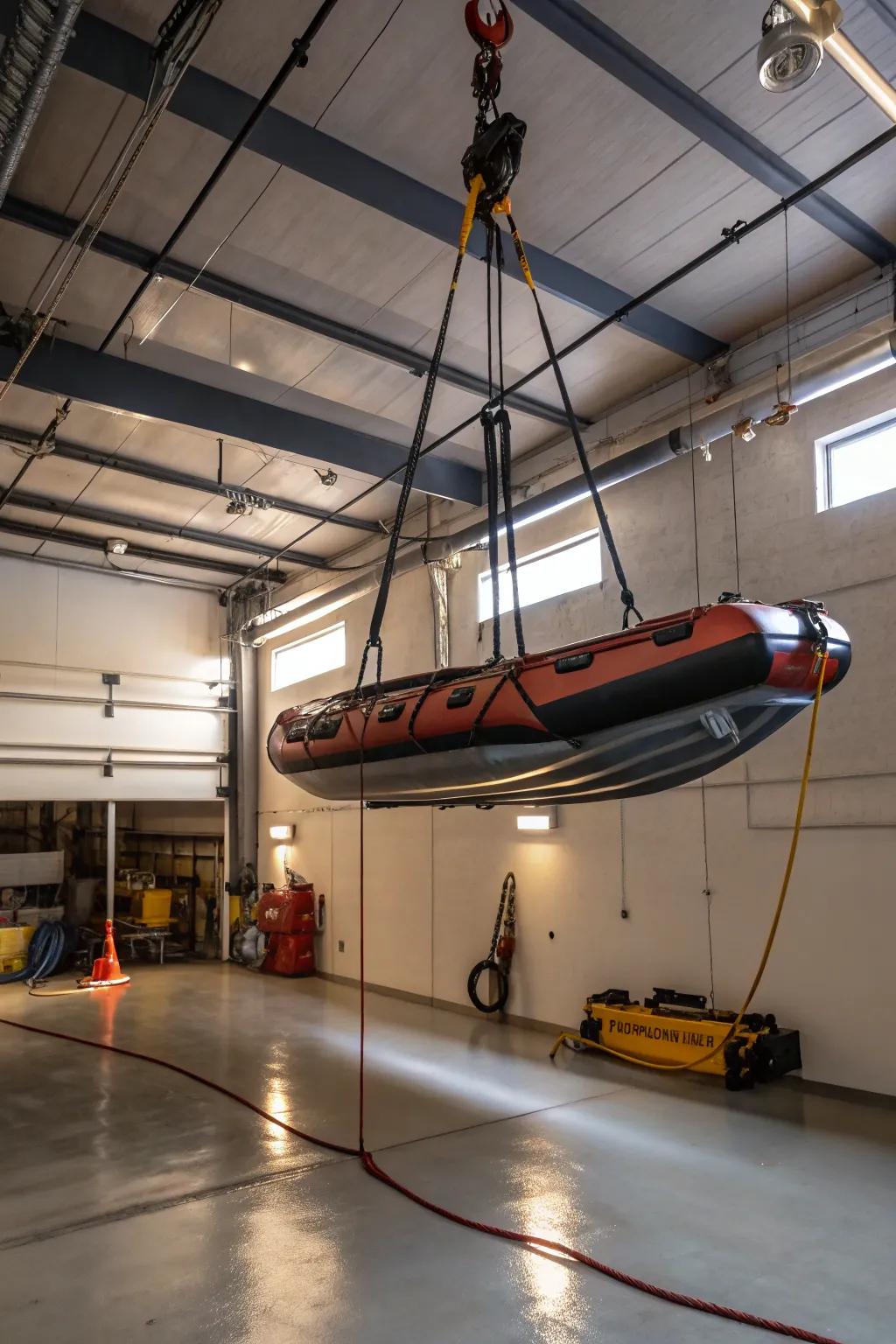 Ceiling storage keeps your floater safe and your space clear.