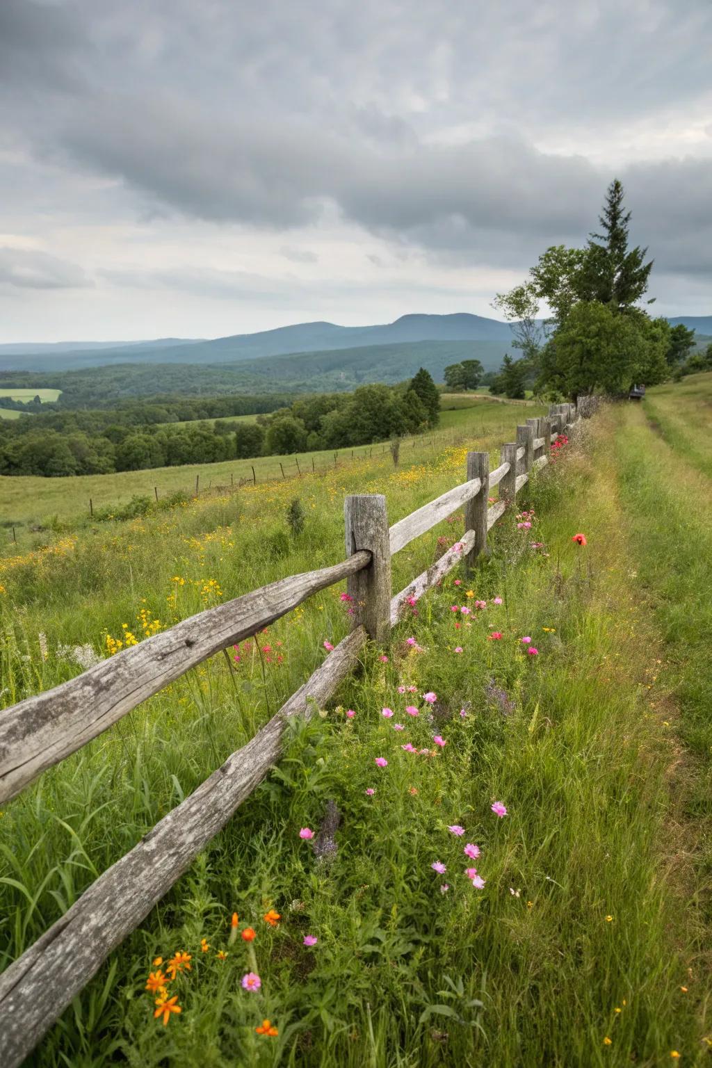 A quintessential split log barrier borders a countryside garden.