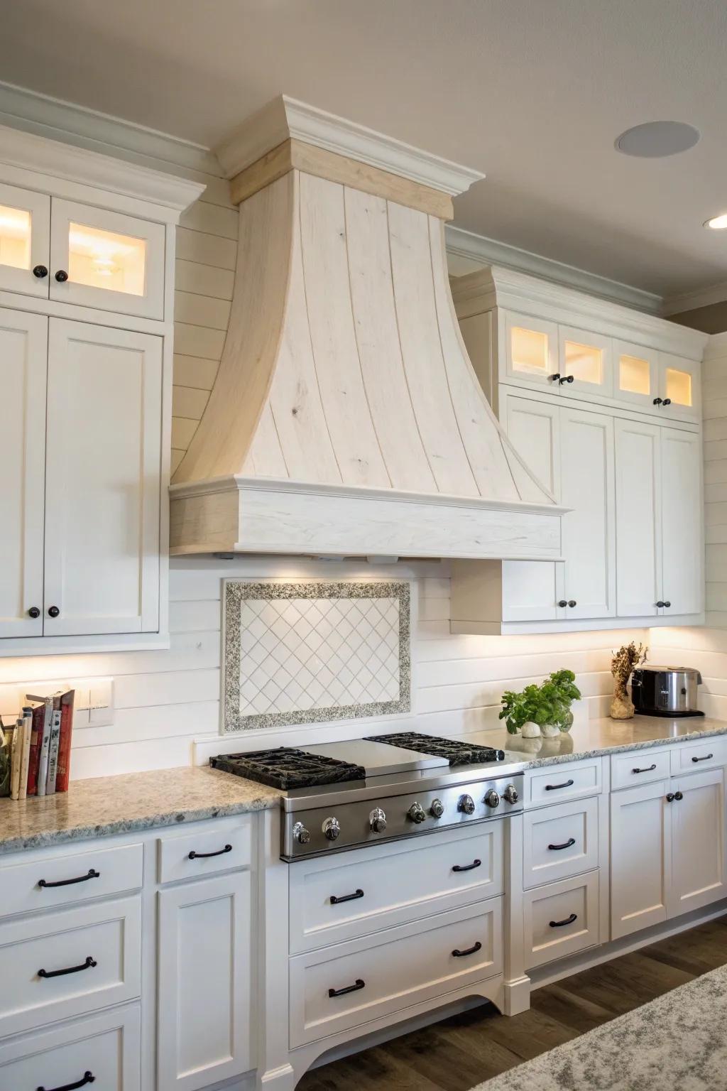 An understated white wood range hood cover for a classic kitchen aesthetic.