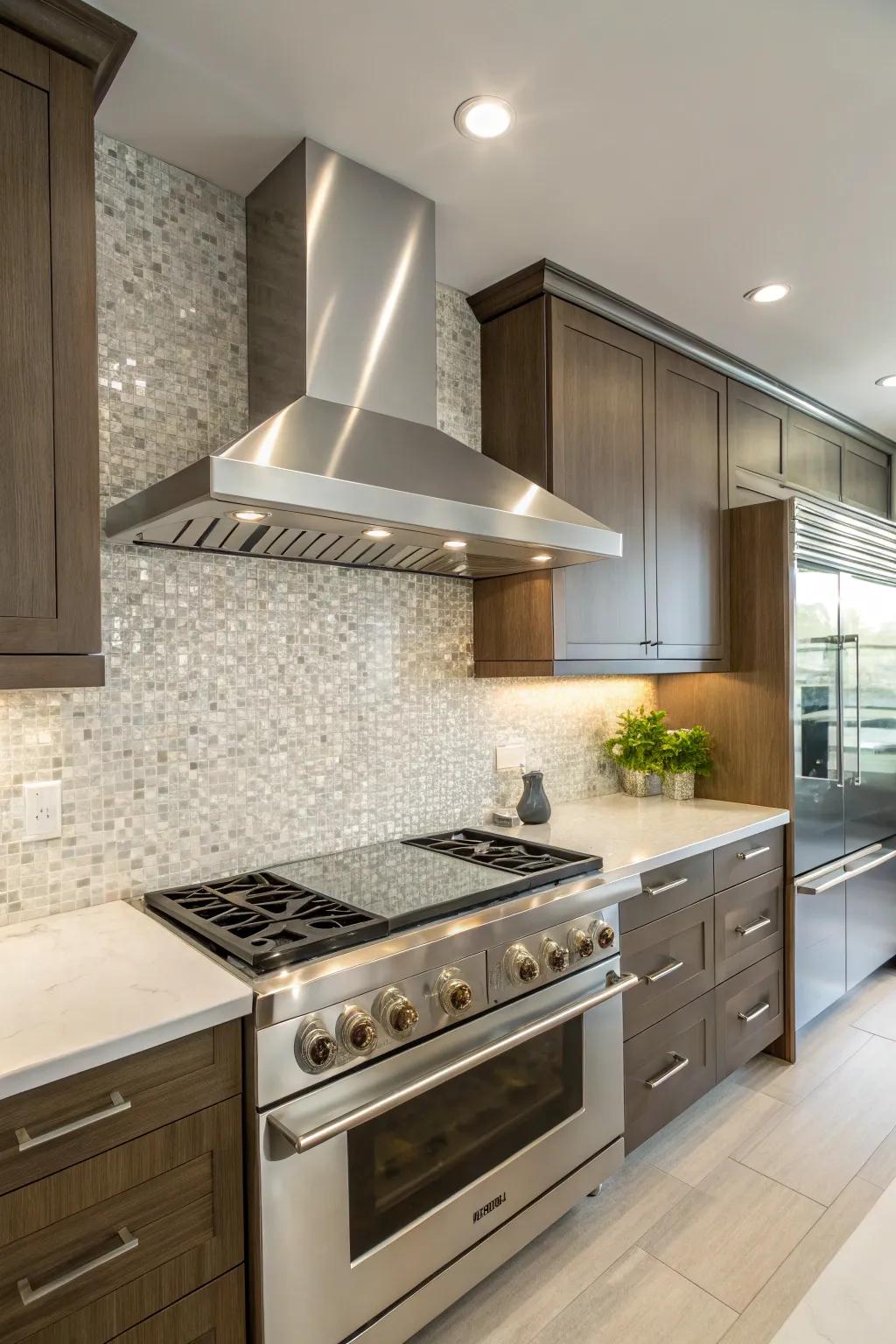 Modern kitchen showcasing a stainless steel vent hood with a complementary backsplash for a streamlined appearance.