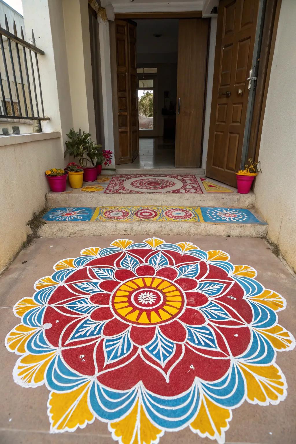 Vivid hues spring to life in this rangoli design, fitting for Diwali festivities.