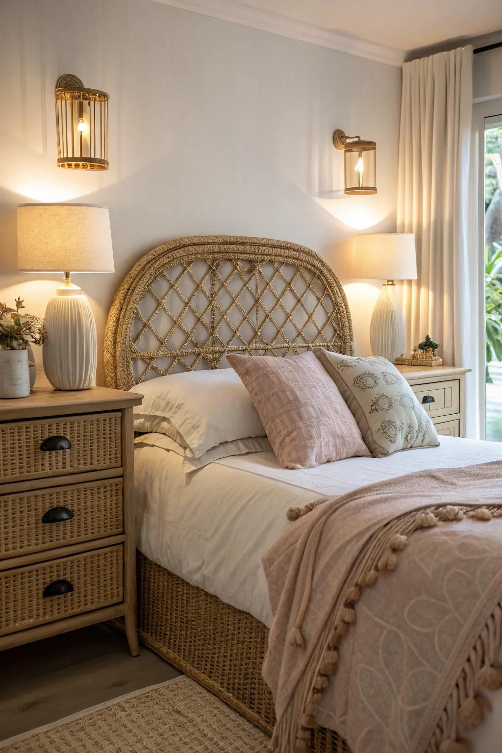 A rattan headboard establishes a welcoming and pleasant ambiance for your bedroom.