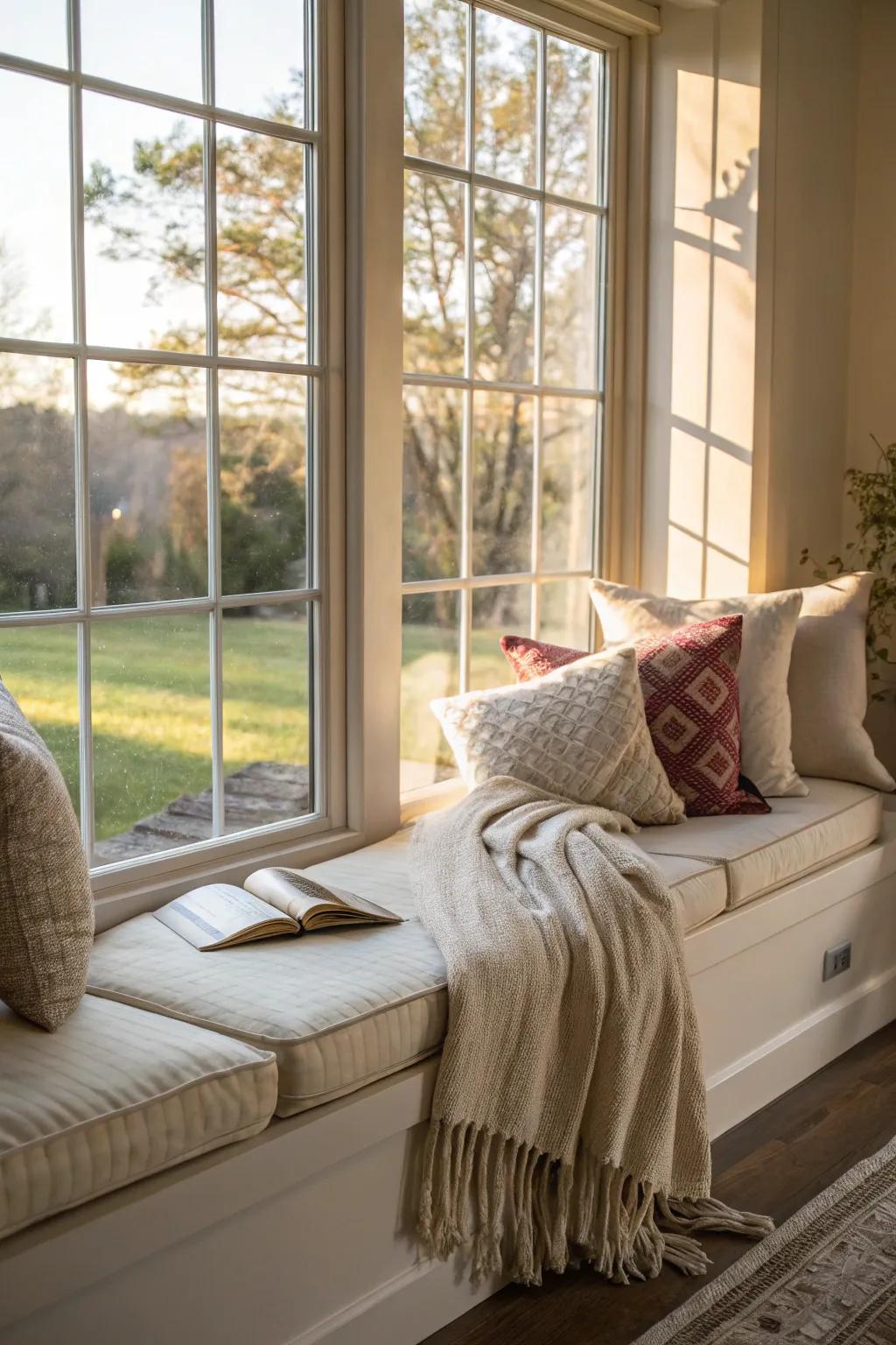 A window seat changed into a warm, inviting reading getaway.