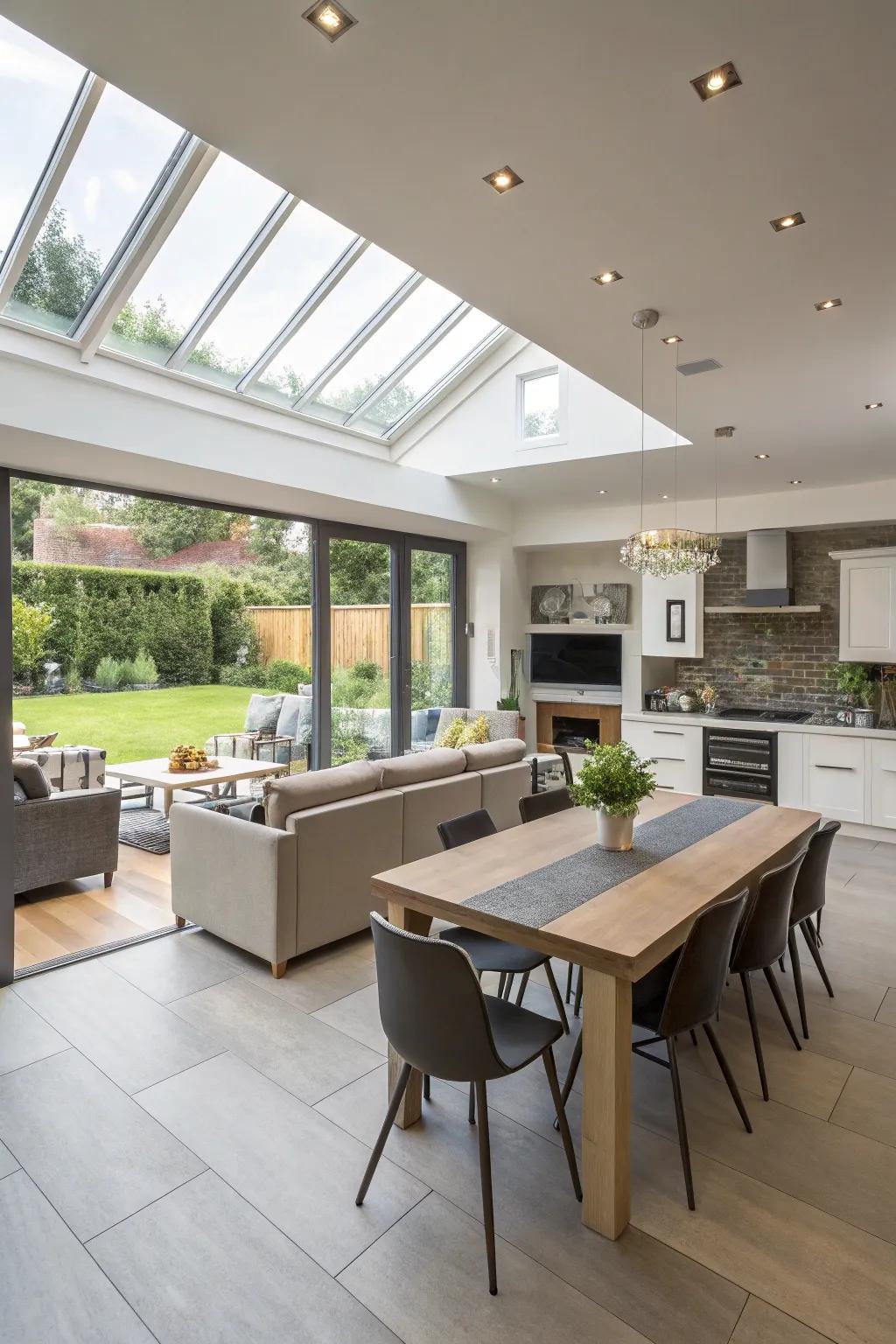 A rear open-concept addition that flawlessly combines living spaces for a more interconnected home.
