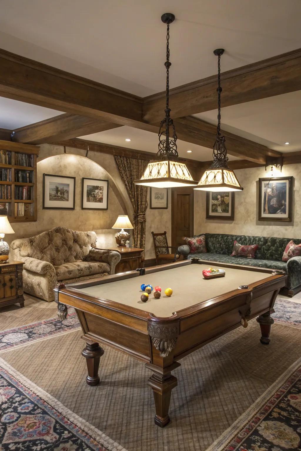 A billiard table brings a classic touch to your rec room.