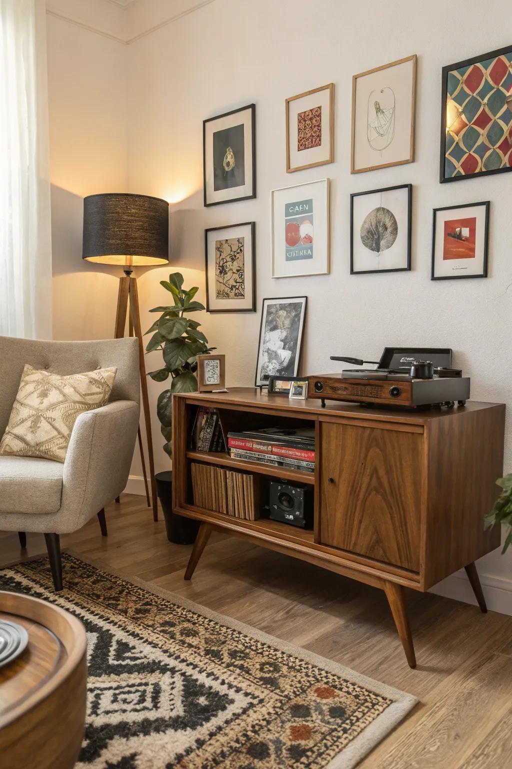 A mid-century modern record player arrangement exuding vintage appeal.