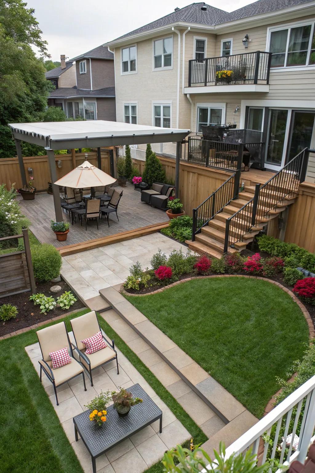 Tiered designs amplify the visual appeal of any rectangular backyard.