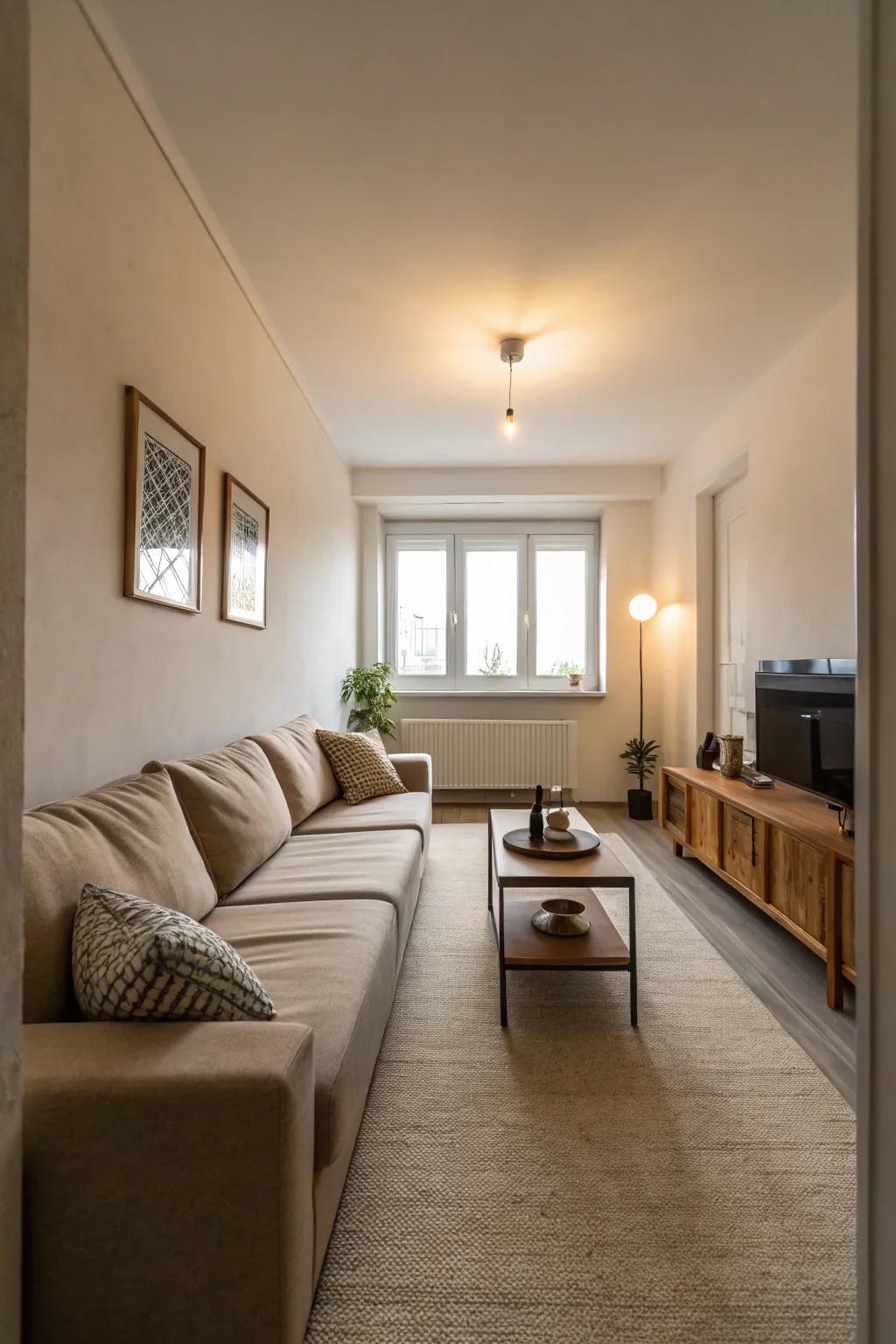 An L-shaped couch makes a cozy area in a slender living room.