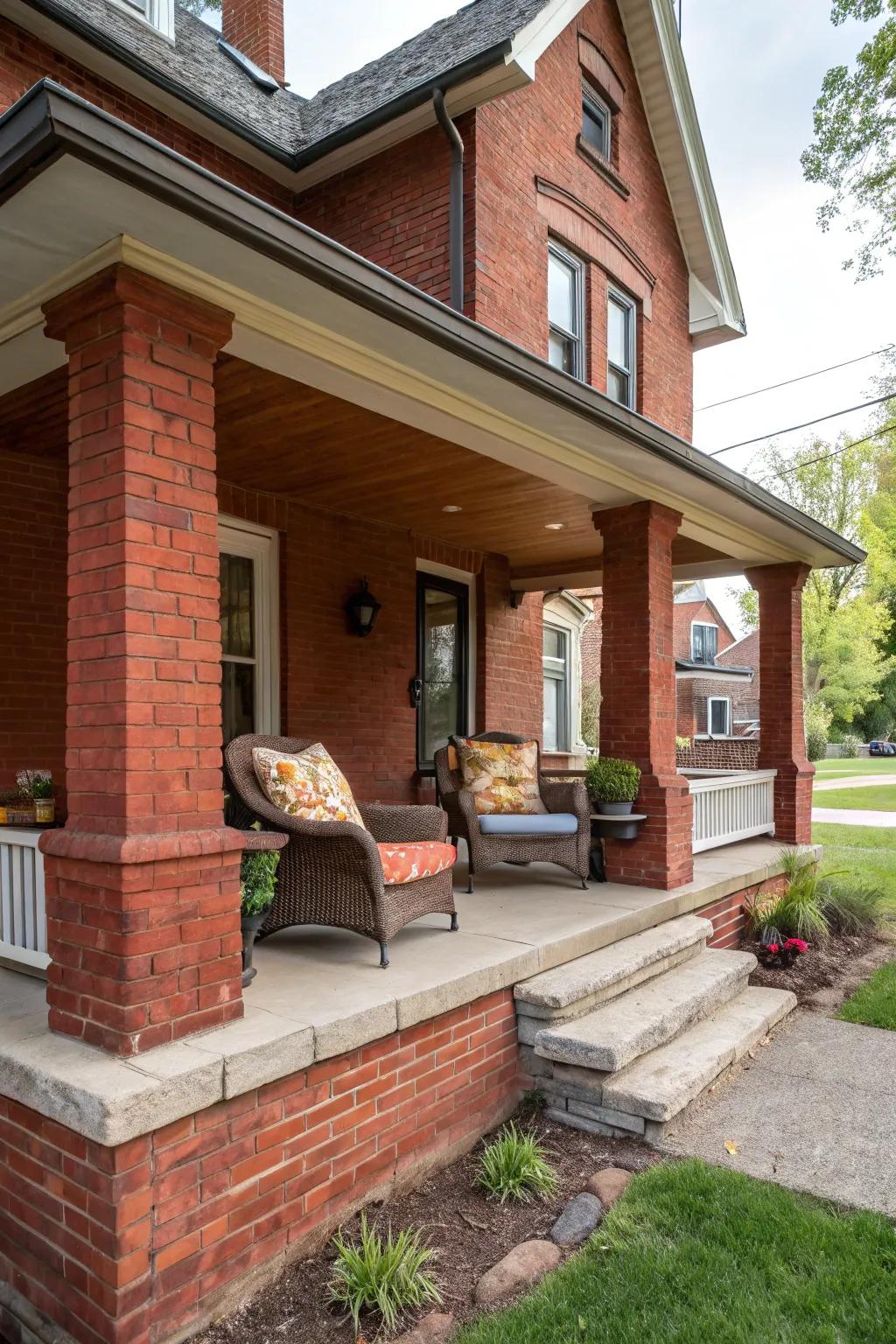 A welcoming seating area on a red brick porch, perfect for settling down with a book.