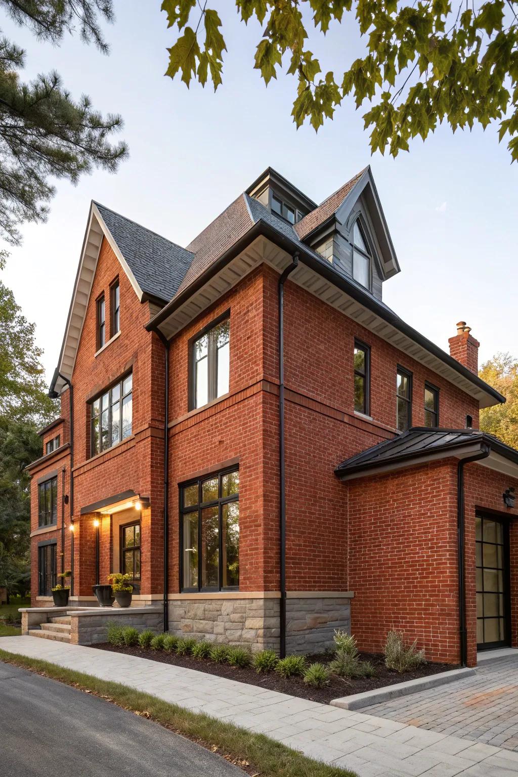A balanced fusion of modern and traditional styles graces this red brick house.