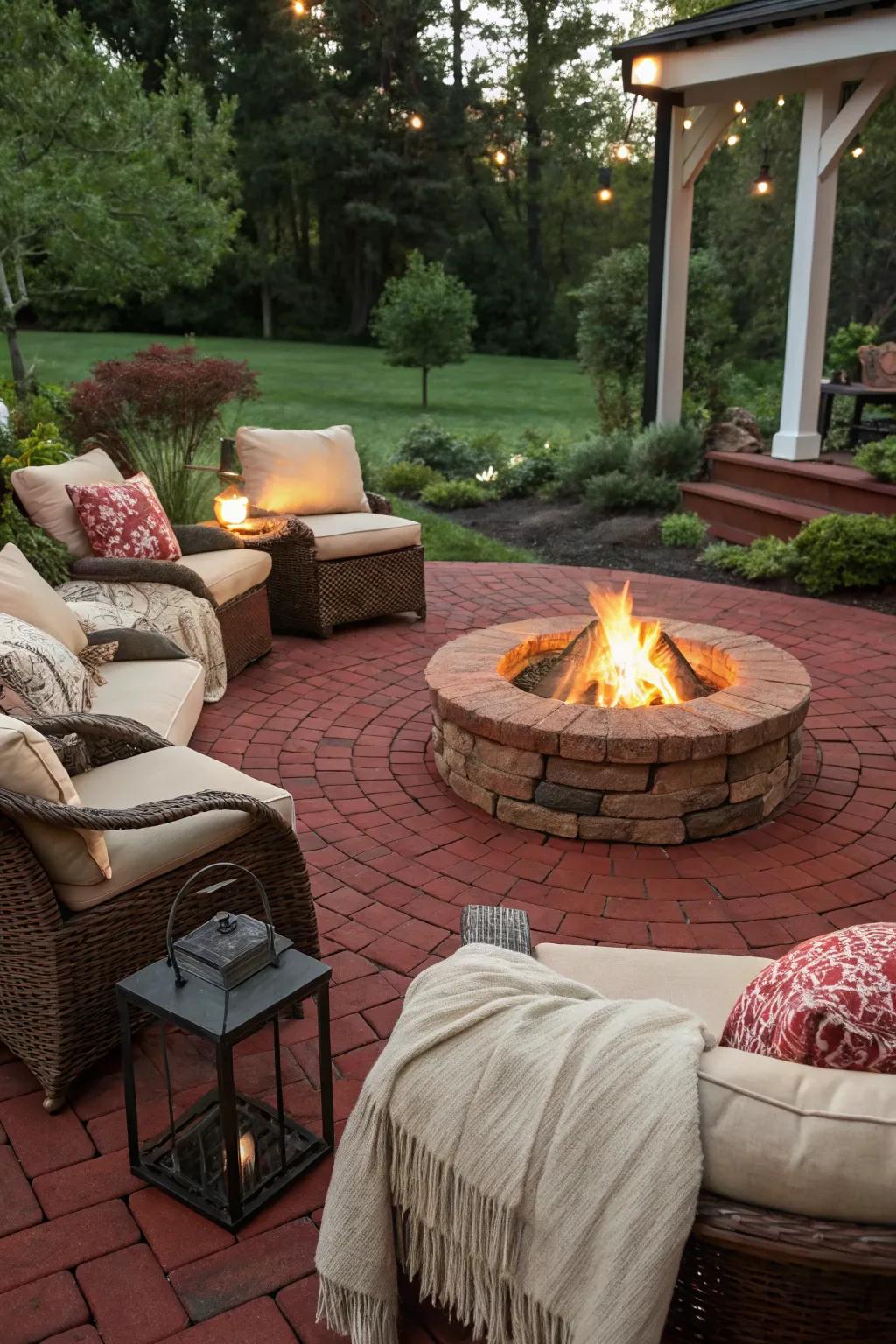 A red brick patio featuring a cozy outdoor brazier setup