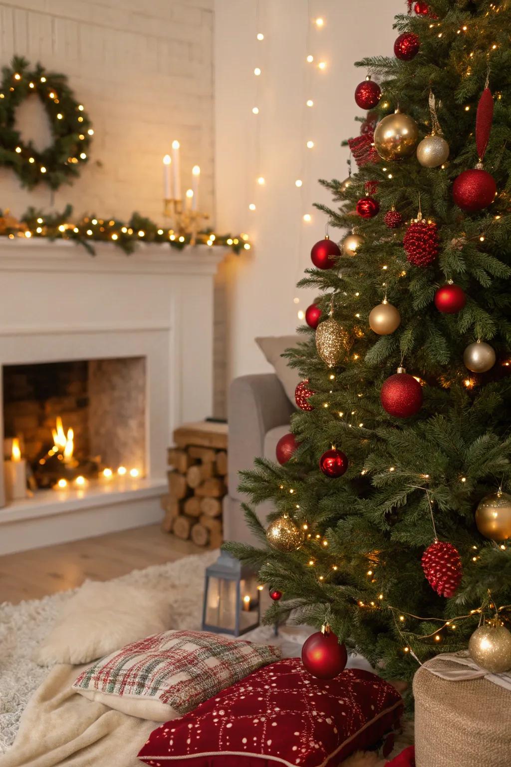 A traditional Christmas tree showcasing scarlet and gilded spheres for a conventional aesthetic.