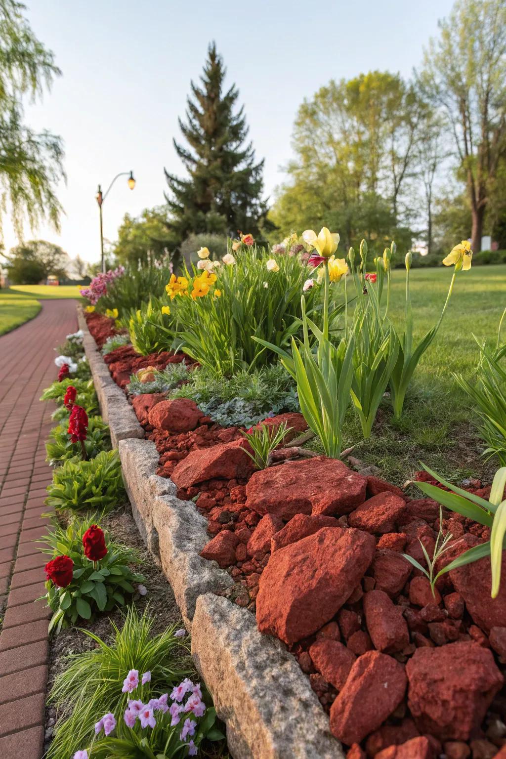 Crimson volcanic stones outline a precise border, intensifying the garden's lively hues.