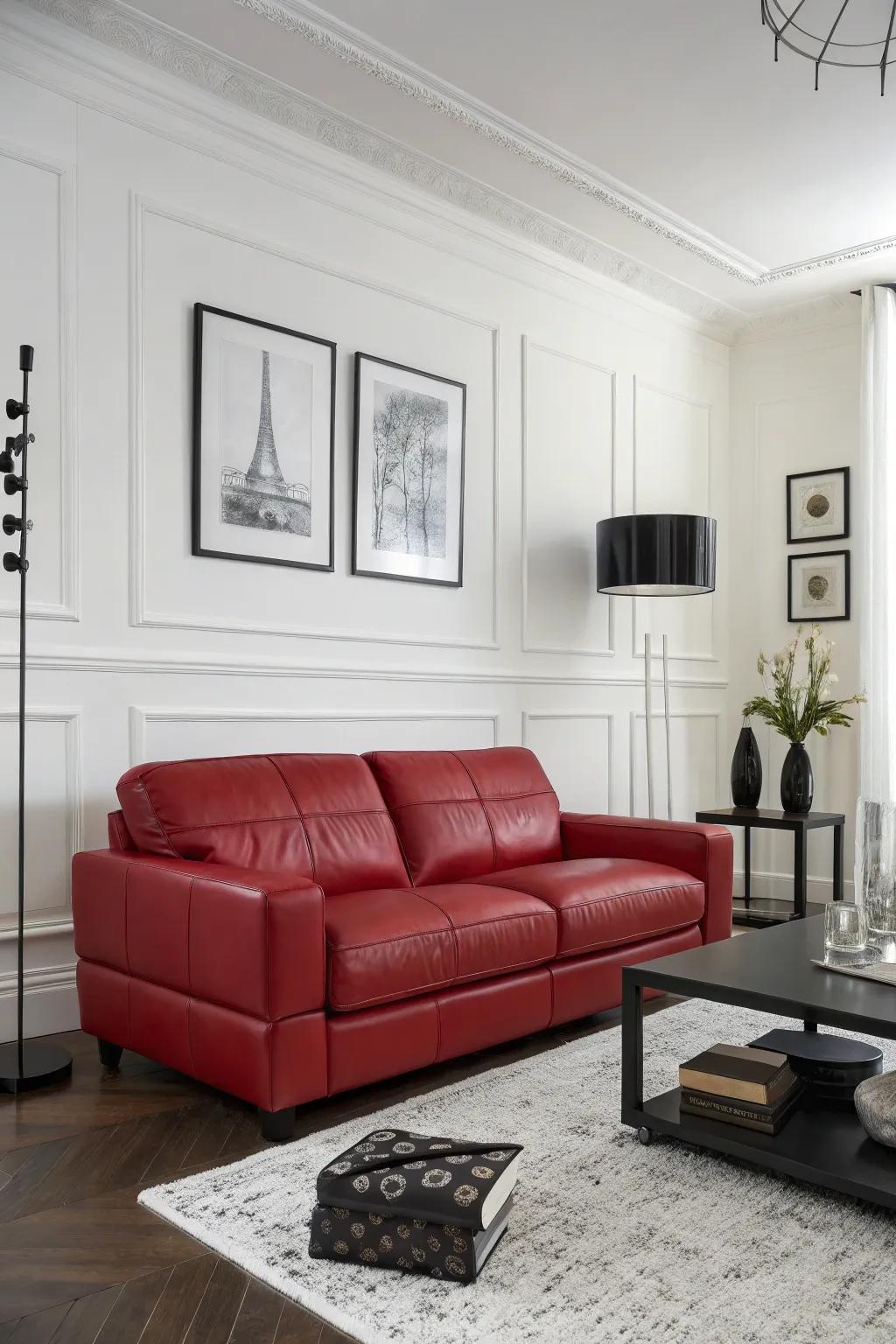 A minimalist arrangement enhances the boldness of your crimson hide sofa.