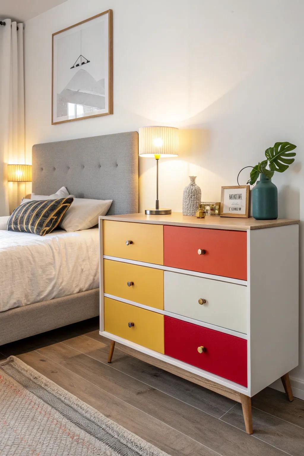 A color-blocked dresser injects a burst of personality into any interior.