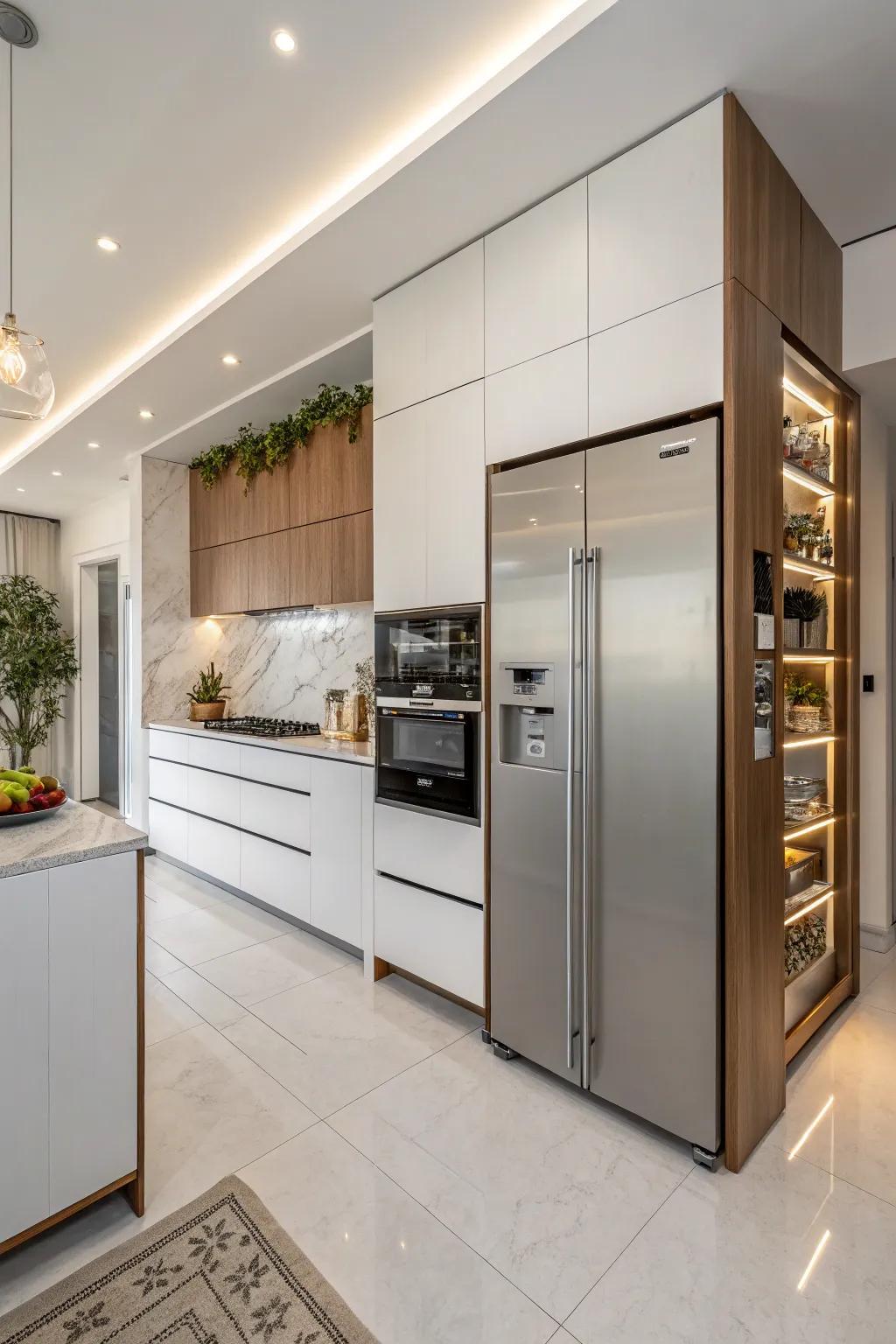 A seamless built-in refrigerator ensures the kitchen has an overall flow.