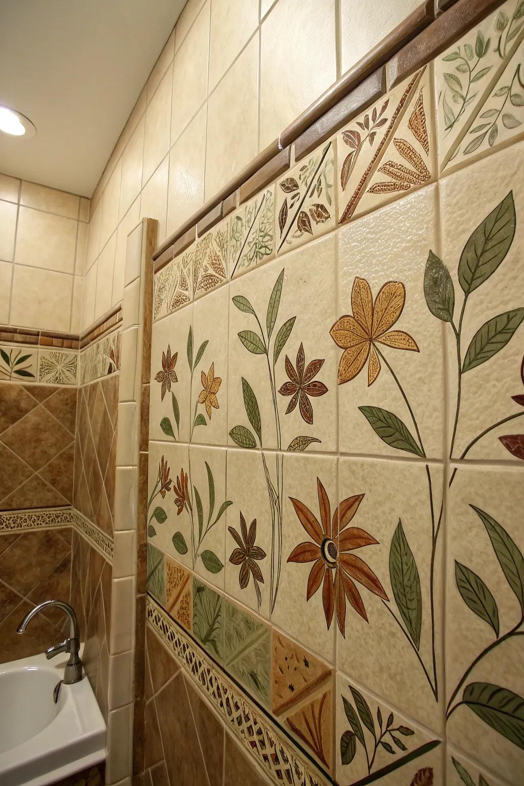 Earthy colors and foliage designs in relief tiles introduce nature indoors.