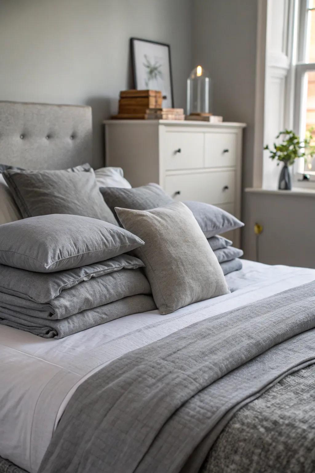 Layered fabrics in repose gray contribute to the bedroom's overall sense of depth and warmth.