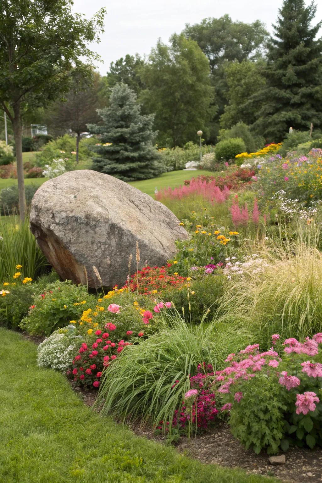 An eye-catching stone centerpiece embraced by nature's vibrant hues.