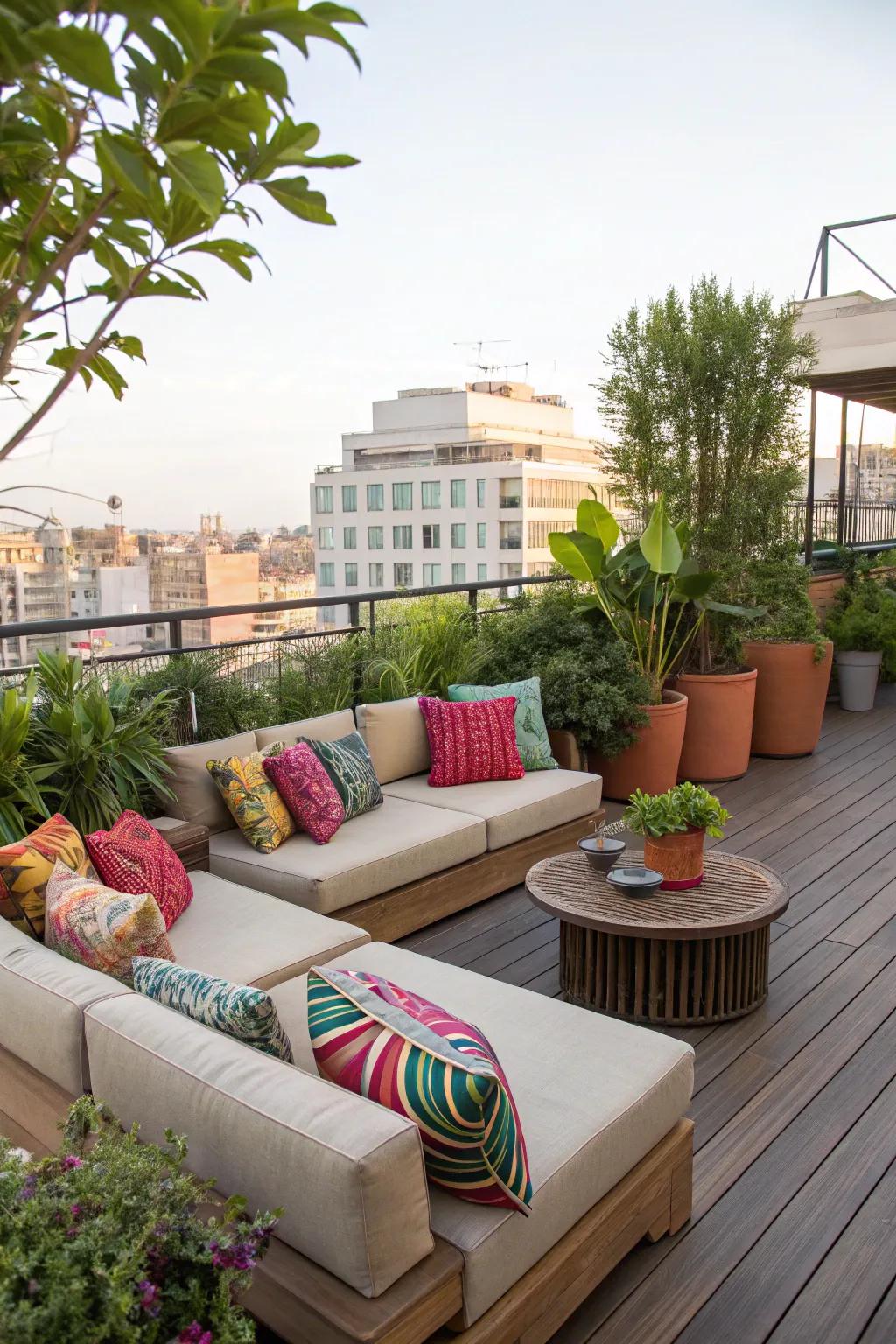 Change your rooftop into an inviting lounge space with comfortable seating and colorful cushions.