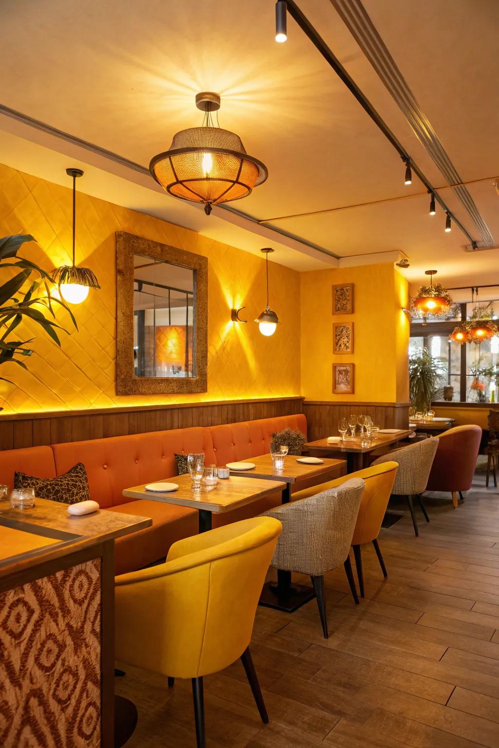 A restaurant bathed in warm yellows and oranges, creating a welcoming atmosphere.
