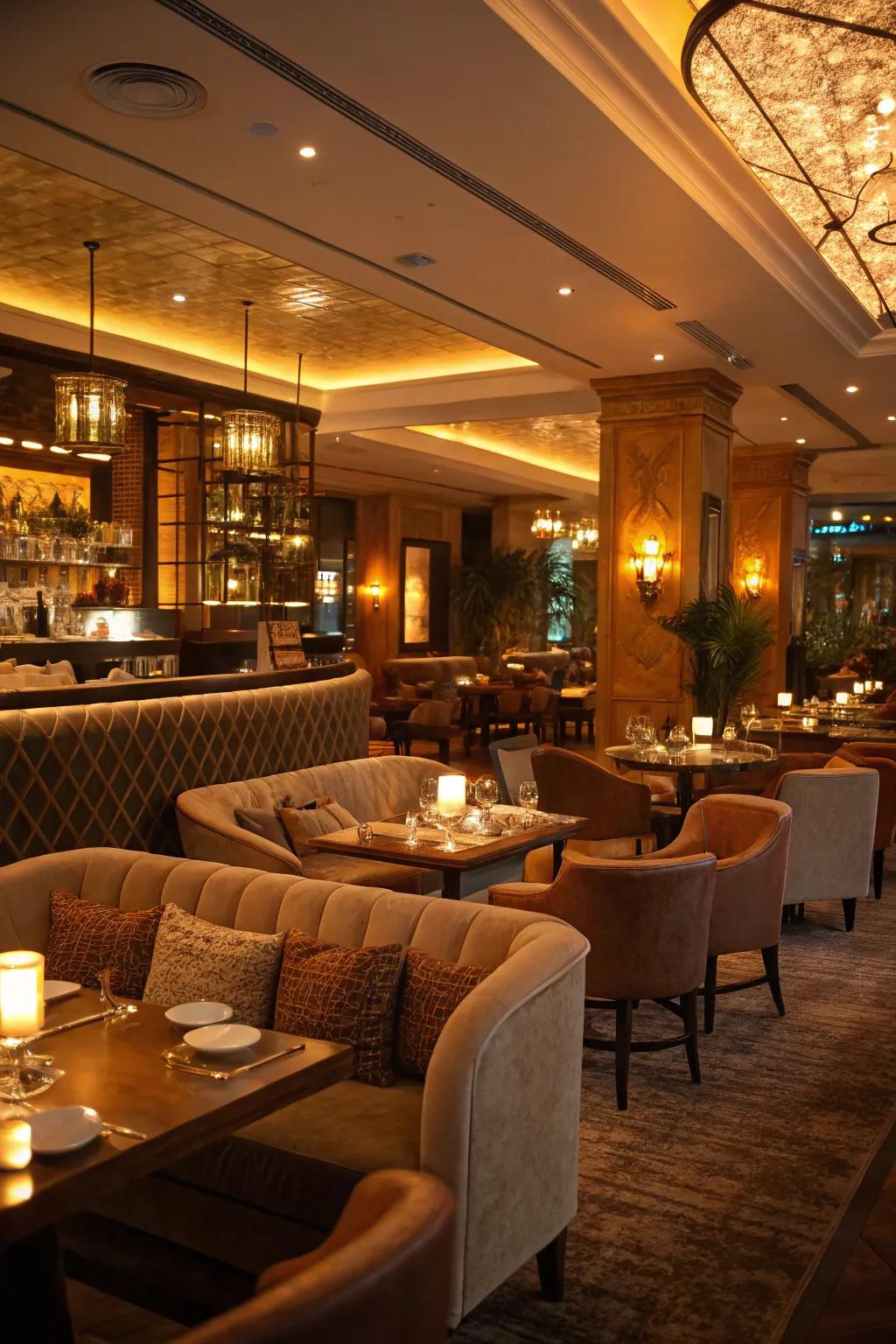Delicate lighting and inviting seating craft a welcoming vibe.