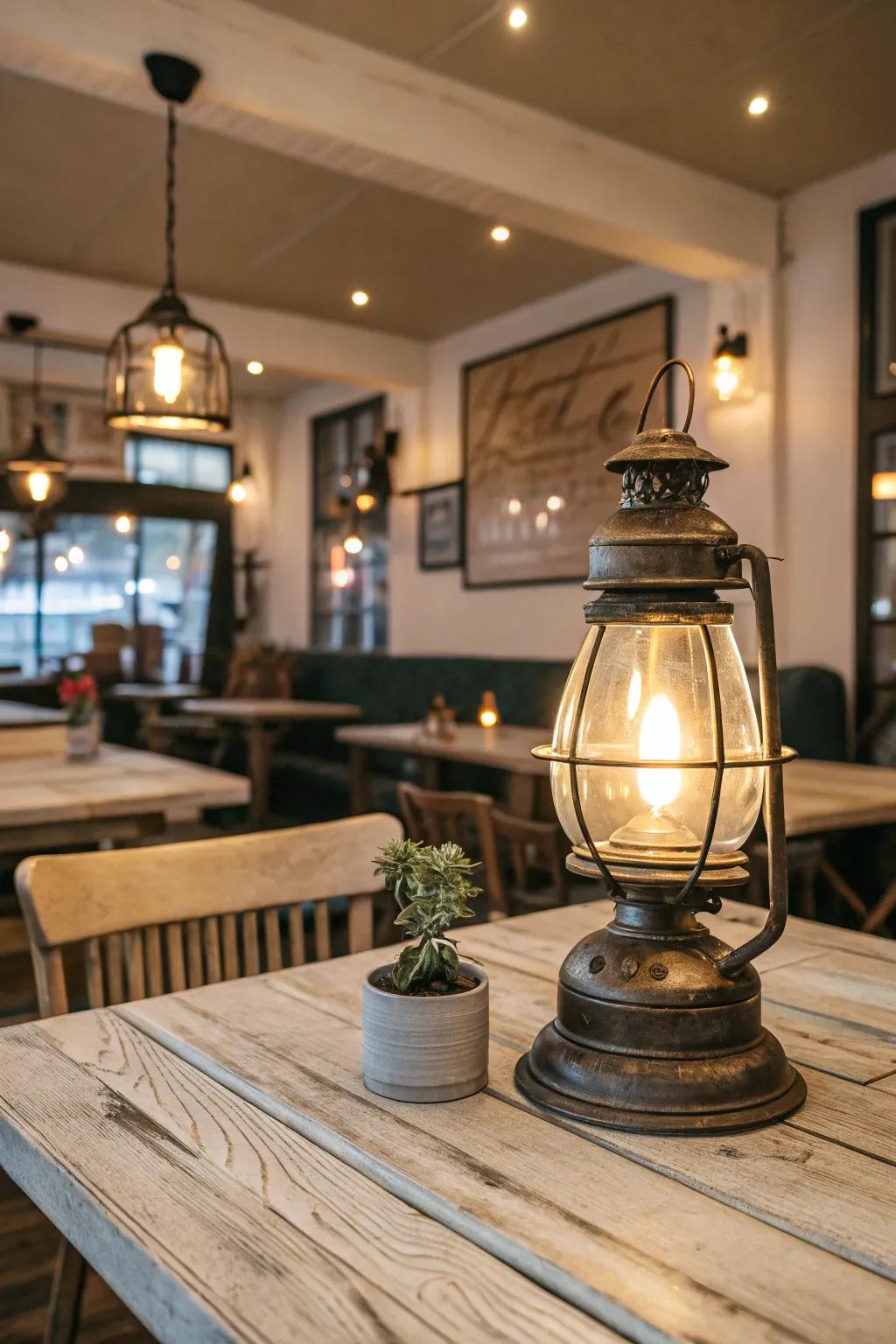 Vintage lantern-style table lamp sitting pretty on a rustic wooden table in a restaurant.